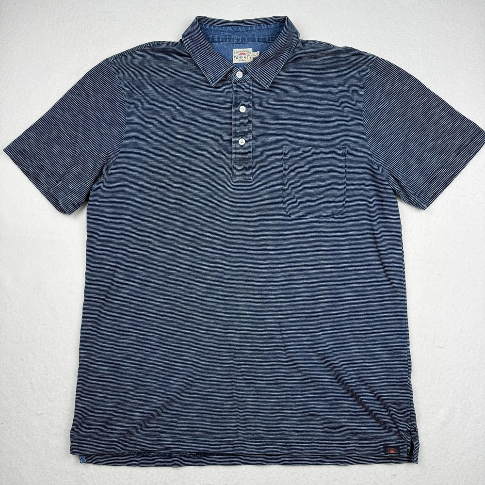 Faherty Brand Polo Shirt Mens XL Blue Stripe Cotton Chest Pocket Knit Casual